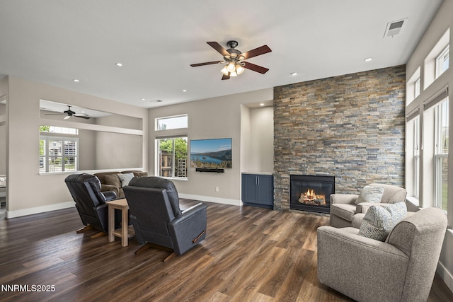 1660 Murrieta Ct, Reno, NV 89521 - living area with ceiling fan, dark wood finished floors, a fireplace, and recessed lighting