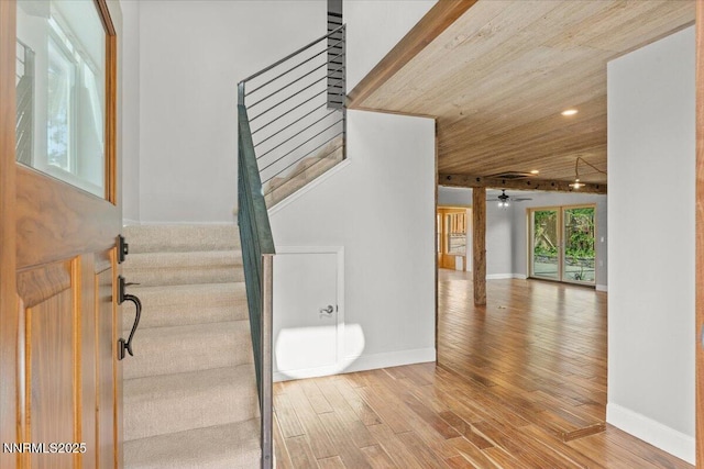 4710 Yukon Ct, Carson City, NV 89706 - stairs with wood finished floors, wood ceiling, ceiling fan, and recessed lighting