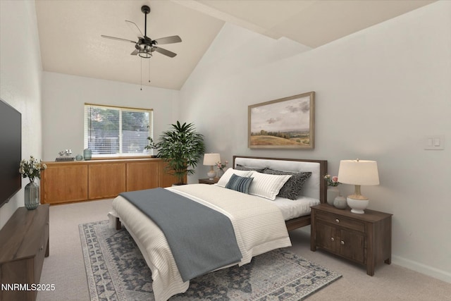 4710 Yukon Ct, Carson City, NV 89706 - bedroom with light colored carpet, high vaulted ceiling, and a ceiling fan