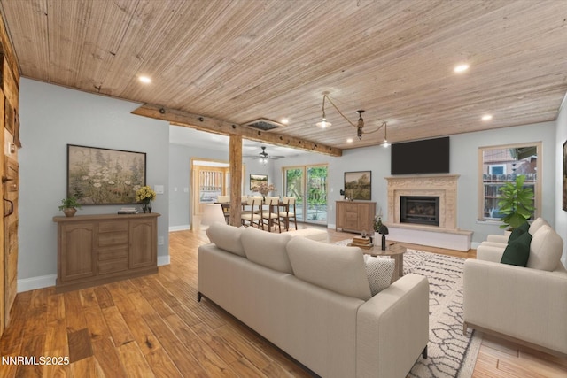 4710 Yukon Ct, Carson City, NV 89706 - living room featuring wooden ceiling, recessed lighting, a fireplace, and light wood-style floors