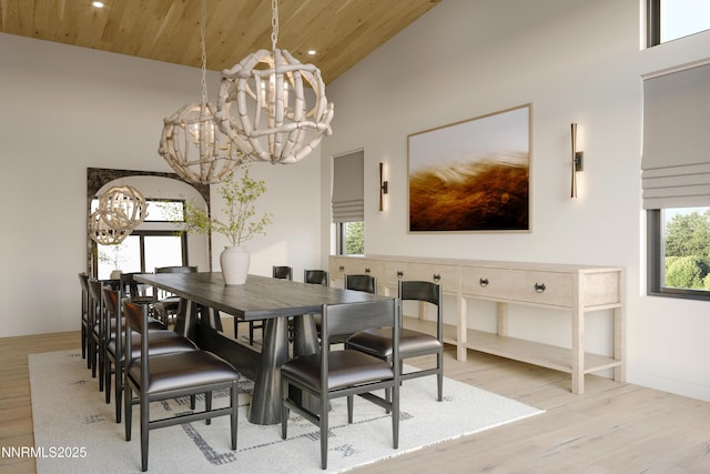6832 Rabbit Brush Ct, Reno, NV 89511 - dining space featuring a chandelier, wood finished floors, high vaulted ceiling, recessed lighting, and wooden ceiling