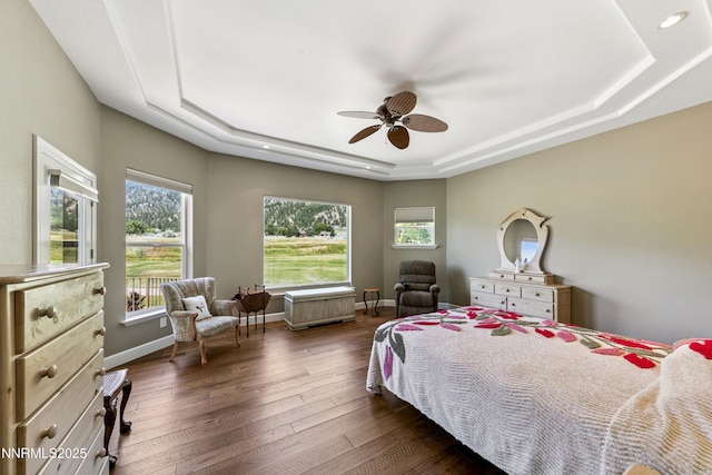 2548 Genoa Aspen Dr, Genoa, NV 89411 - bedroom featuring a raised ceiling, dark wood-type flooring, a ceiling fan, and recessed lighting