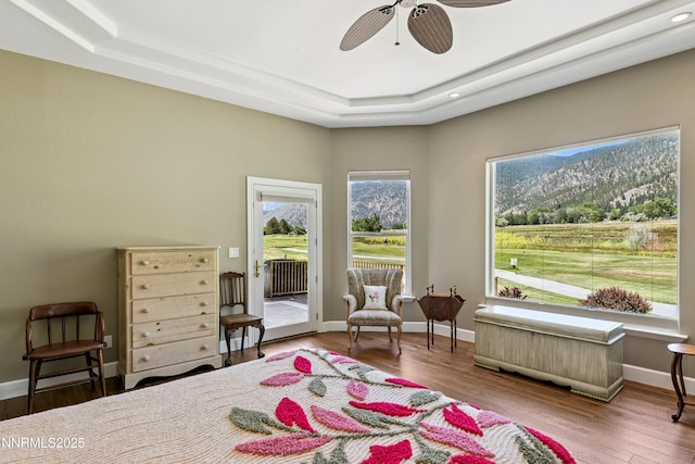 2548 Genoa Aspen Dr, Genoa, NV 89411 - bedroom featuring access to exterior, a raised ceiling, wood finished floors, a ceiling fan, and recessed lighting