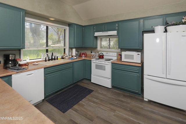 775 Foothill Rd, Gardnerville, NV 89460 - kitchen featuring white appliances, under cabinet range hood, vaulted ceiling, dark wood finished floors, and light countertops