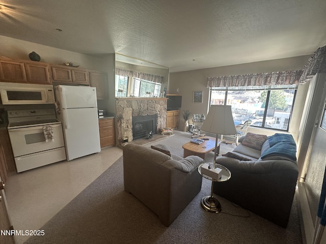 313 Tramway Dr Unit 20, Stateline, NV 89449 - living room featuring a fireplace and a textured ceiling