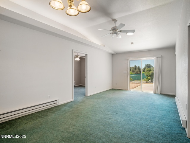 1561 Alba Vis, Gardnerville, NV 89410 - carpeted spare room featuring lofted ceiling, ceiling fan, baseboard heating, and a chandelier