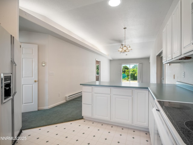 1561 Alba Vis, Gardnerville, NV 89410 - kitchen featuring white refrigerator with ice dispenser, baseboard heating, light carpet, white cabinetry, and a peninsula