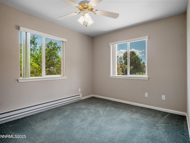 1561 Alba Vis, Gardnerville, NV 89410 - empty room featuring baseboard heating, plenty of natural light, dark carpet, and a ceiling fan