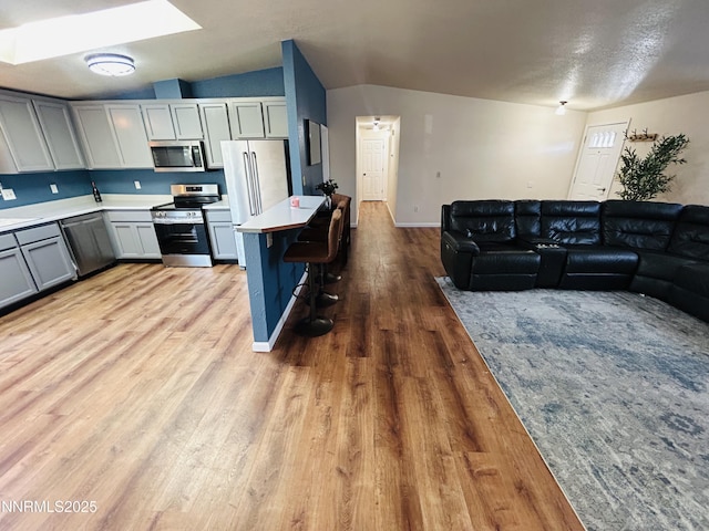 1442 Spooner Dr, Carson City, NV 89706 - kitchen with appliances with stainless steel finishes, light countertops, light wood finished floors, a skylight, and a kitchen breakfast bar
