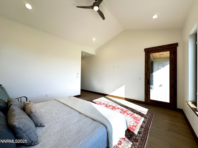 2935 Portrush Dr, Genoa, NV 89411 - bedroom with wood finished floors, vaulted ceiling, recessed lighting, and a ceiling fan
