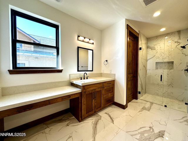 2935 Portrush Dr, Genoa, NV 89411 - bathroom with a marble finish shower, vanity, recessed lighting, and marble finish flooring