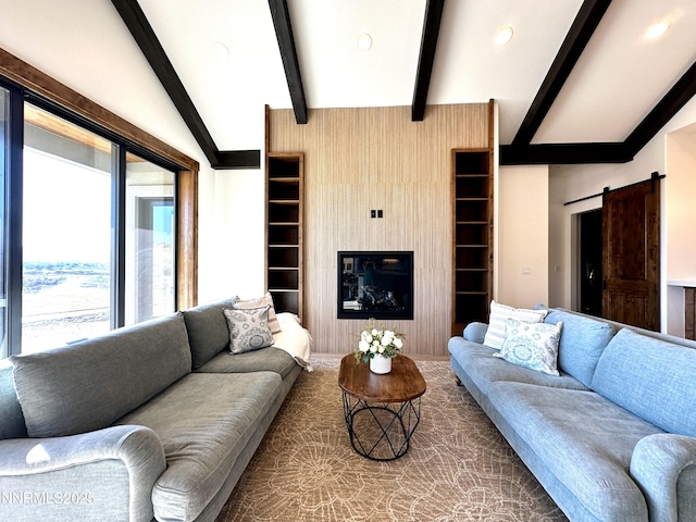 2935 Portrush Dr, Genoa, NV 89411 - living area with a barn door, built in shelves, and recessed lighting
