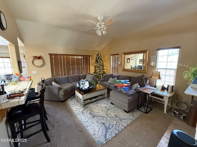 2271 Ruddy Way, Spanish Springs, NV 89441 - carpeted living area with ceiling fan, lofted ceiling, and plenty of natural light