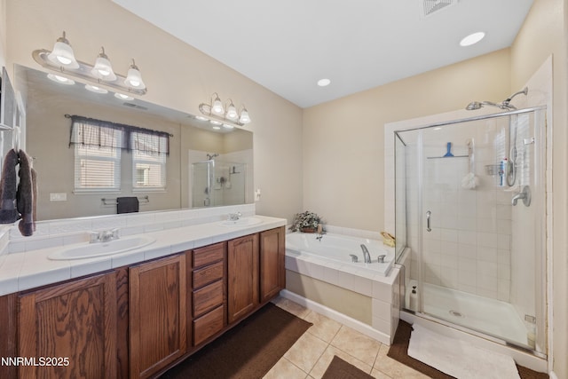 164 Oakridge Dr, Dayton, NV 89403 - full bathroom with a stall shower, a bath, tile patterned floors, and double vanity