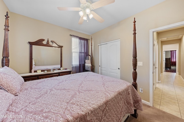 164 Oakridge Dr, Dayton, NV 89403 - bedroom with a closet, light carpet, light tile patterned flooring, and a ceiling fan