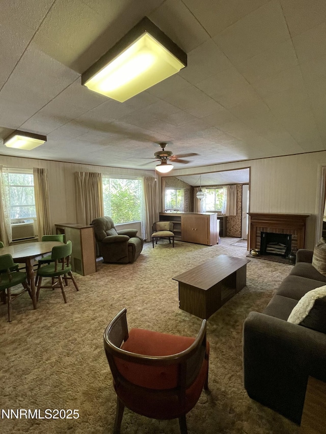 4 3rd St, Mcgill, NV 89318 - carpeted living area with a ceiling fan and a brick fireplace