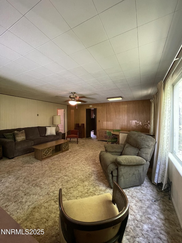 4 3rd St, Mcgill, NV 89318 - living room with carpet, wood walls, and a ceiling fan