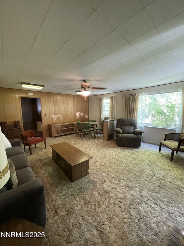 4 3rd St, Mcgill, NV 89318 - living area featuring wood walls, carpet floors, and ceiling fan