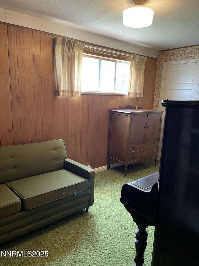 4 3rd St, Mcgill, NV 89318 - sitting room featuring carpet, wallpapered walls, a textured ceiling, and wooden walls