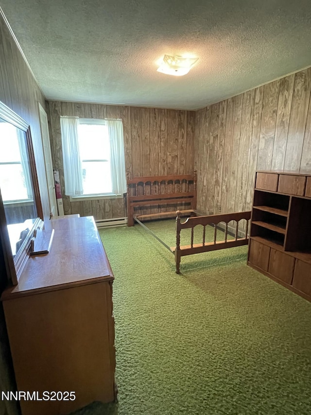 4 3rd St, Mcgill, NV 89318 - carpeted bedroom with a textured ceiling, wooden walls, and a baseboard heating unit