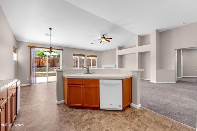 5287 Vidette Meadows Dr, Sparks, NV 89436 - kitchen featuring dishwasher, a ceiling fan, open floor plan, pendant lighting, and vaulted ceiling