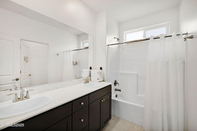 1149 Dapple Dr, Minden, NV 89423 - full bathroom with shower / tub combo with curtain, double vanity, and tile patterned flooring