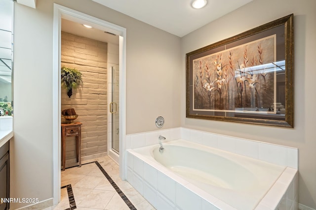 1200 Riverside Dr # 1232, Reno, NV 89503 - full bath featuring a bath, vanity, a stall shower, inlaid floor details, and recessed lighting