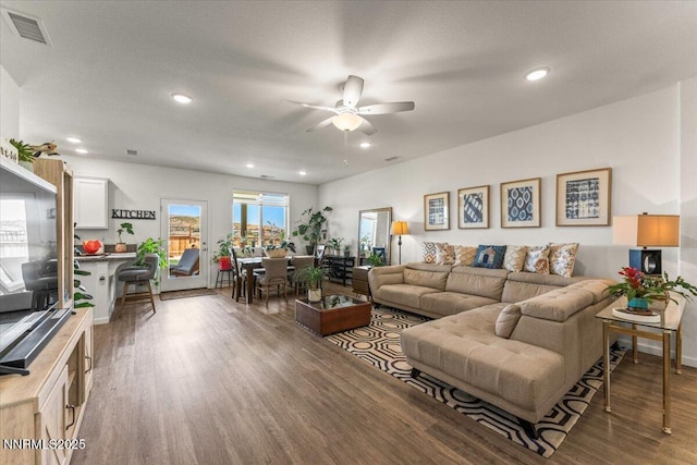 516 Beckwourth Dr, Reno, NV 89506 - living room featuring ceiling fan, wood finished floors, and recessed lighting