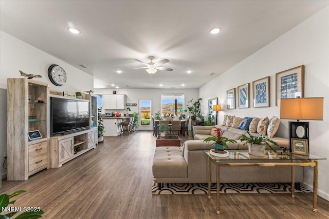 516 Beckwourth Dr, Reno, NV 89506 - living area featuring dark wood-type flooring, ceiling fan, and recessed lighting