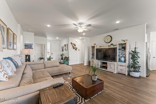 516 Beckwourth Dr, Reno, NV 89506 - living room featuring a ceiling fan, wood finished floors, and recessed lighting