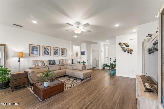 516 Beckwourth Dr, Reno, NV 89506 - living area with dark wood-style floors, a ceiling fan, and recessed lighting