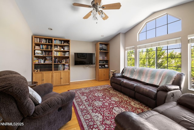 3280 Thornhill Dr, Reno, NV 89509 - living area featuring a ceiling fan, light wood-type flooring, and lofted ceiling
