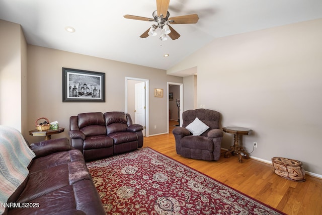 3280 Thornhill Dr, Reno, NV 89509 - living room featuring a ceiling fan, wood finished floors, lofted ceiling, and recessed lighting