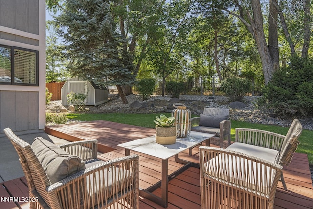 4030 Willowsprings Dr, Reno, NV 89519 - wooden terrace featuring an outdoor hangout area and a storage shed