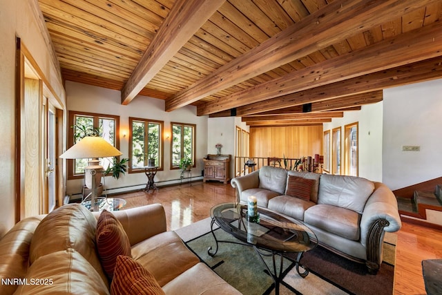 173 Hall Ct, Stateline, NV 89449 - living room with healthy amount of natural light, wood finished floors, a baseboard heating unit, and a wooden ceiling with exposed beams
