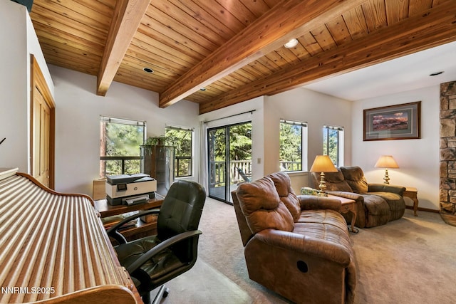 173 Hall Ct, Stateline, NV 89449 - carpeted home office featuring a wood ceiling with exposed beams and baseboards