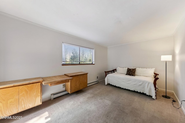 173 Hall Ct, Stateline, NV 89449 - bedroom with baseboard heating, crown molding, light colored carpet, and built in desk