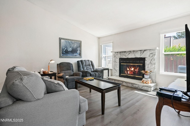 777 W Bonanza Dr, Carson City, NV 89706 - living area with vaulted ceiling, a fireplace, healthy amount of natural light, and wood finished floors