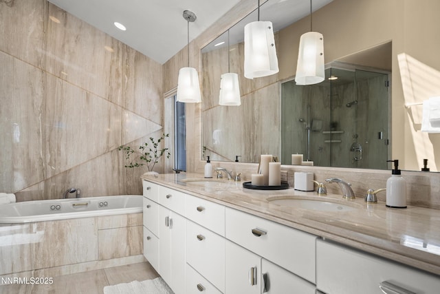 210 Allen Way, Incline Village, NV 89451 - full bathroom featuring a stall shower, double vanity, a bath, and tile walls