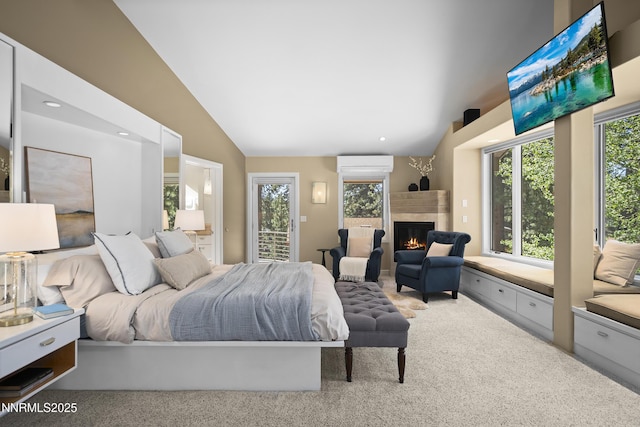 210 Allen Way, Incline Village, NV 89451 - carpeted bedroom featuring multiple windows, a glass covered fireplace, vaulted ceiling, and access to exterior
