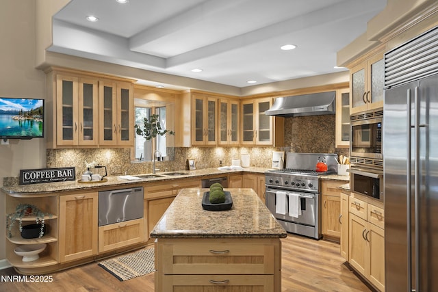 210 Allen Way, Incline Village, NV 89451 - kitchen featuring built in appliances, wall chimney exhaust hood, light wood-style floors, backsplash, and recessed lighting