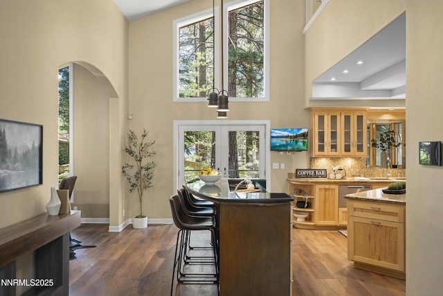 210 Allen Way, Incline Village, NV 89451 - kitchen with a towering ceiling, dark wood-style flooring, french doors, glass insert cabinets, and backsplash