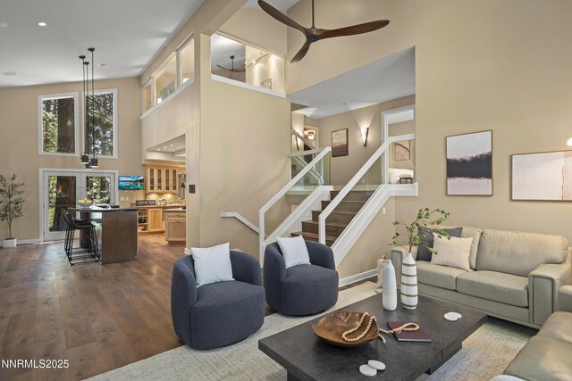 210 Allen Way, Incline Village, NV 89451 - living area featuring a towering ceiling, dark wood-style flooring, a ceiling fan, stairs, and recessed lighting