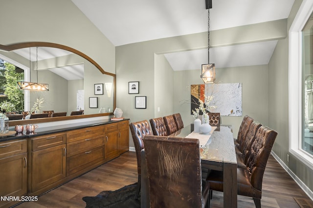 210 Allen Way, Incline Village, NV 89451 - dining area with vaulted ceiling, dark wood-style floors, a chandelier, and arched walkways