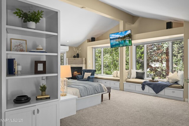 210 Allen Way, Incline Village, NV 89451 - carpeted bedroom featuring lofted ceiling, a lit fireplace, and a wall unit AC