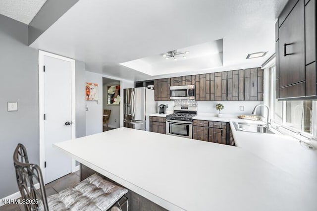 1419 Foster Dr, Reno, NV 89509 - kitchen featuring stainless steel appliances, a tray ceiling, a peninsula, light countertops, and a kitchen breakfast bar