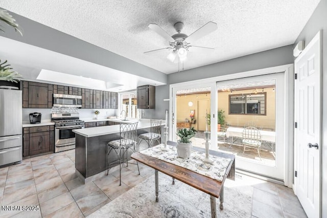 1419 Foster Dr, Reno, NV 89509 - kitchen with stainless steel appliances, light countertops, a ceiling fan, dark brown cabinetry, and a textured ceiling