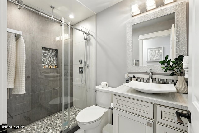 5863 Foggy Ct, Sun Valley, NV 89433 - full bath featuring vanity, backsplash, and a stall shower