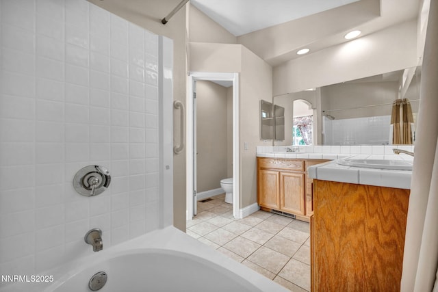 7449 Ambush Cir, Sparks, NV 89436 - bathroom with tile patterned floors, double vanity, shower / washtub combination, and recessed lighting