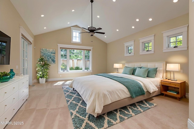 6145 Triple Crown Dr, Reno, NV 89511 - bedroom with recessed lighting, high vaulted ceiling, light carpet, and a ceiling fan
